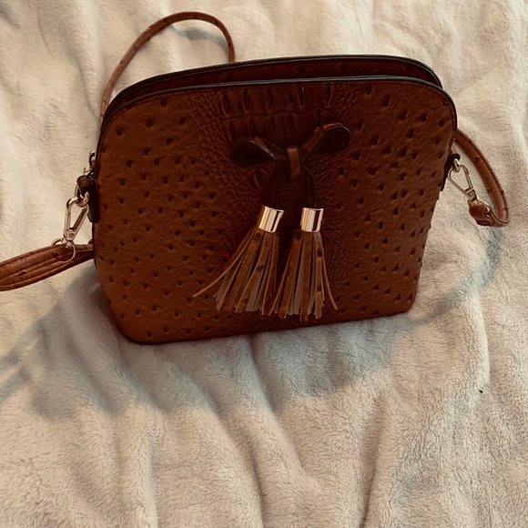 Ostrich Embossed Three Compartment Purse With Tassel and Bow - Picture 2 of 16